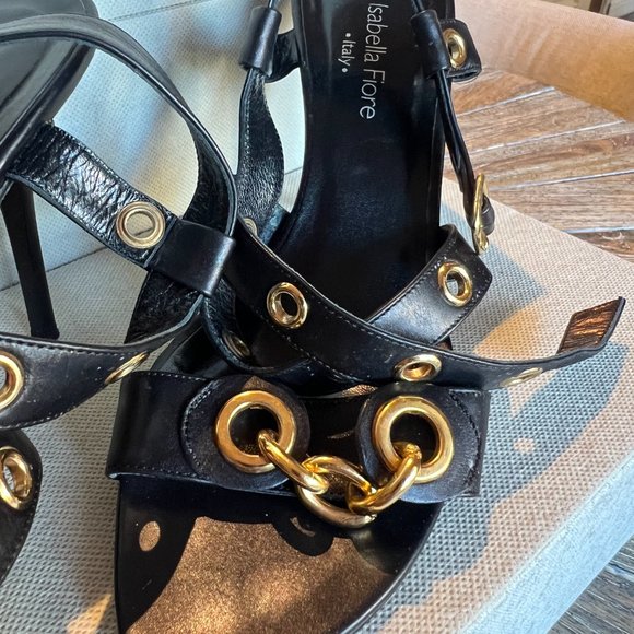 Isabella Fiore Italian Black Leather & Gold Chain Heels - Picture 3 of 7